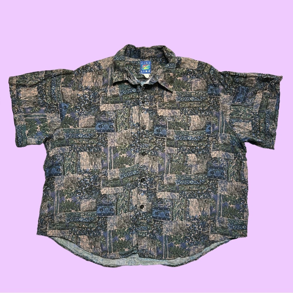 Vintage 90s Fine Line Abstract AOP Short Sleeve Button Down Boxy Unisex